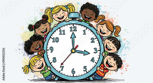 Diverse group of happy children smiling around a large blue alarm clock with colorful splatters in the background.