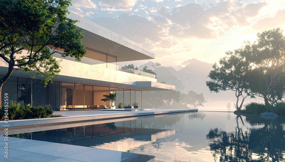 Fototapeta premium Modern home with infinity pool reflects sunrise mountains, trees, and serene water