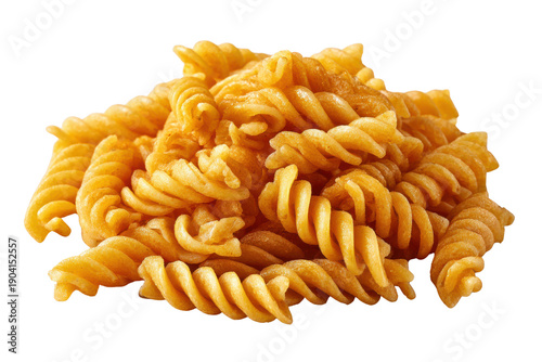 Pile of golden brown fusilli pasta spirals against a black background food italian, Isolated On White Background, Png Transparent