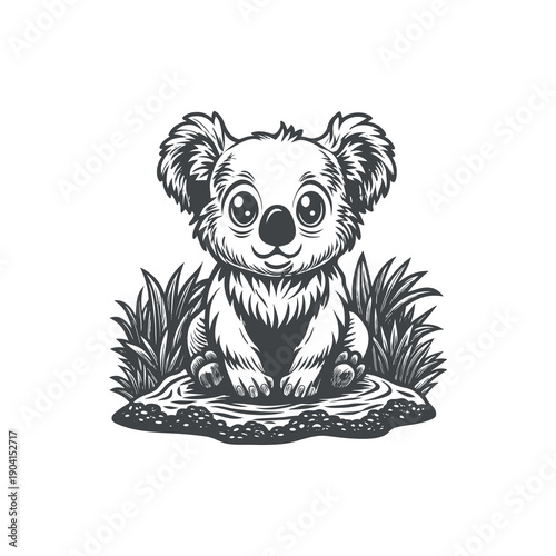 A charming black and white illustration of a cute baby koala sitting on a tree stump surrounded by grass, looking directly at the viewer with big eyes.