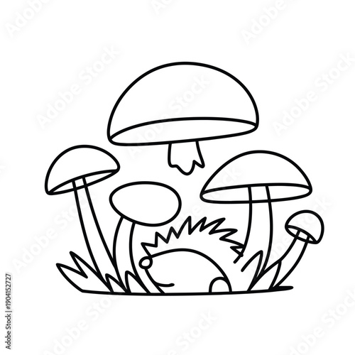 Whimsical hedgehog hiding among vibrant mushrooms in lush forest undergrowth