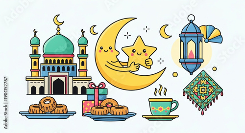 Ramadan Kareem Islamic celebration symbols and food.