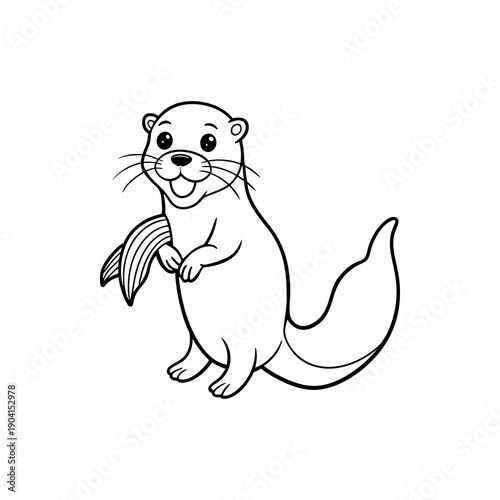 Cute cartoon otter holding a fish, black and white outline drawing for coloring book or children's illustration.