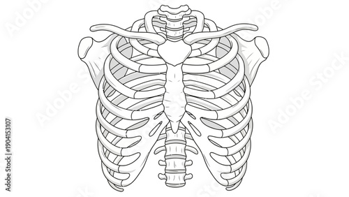 Line drawing of the anterior view of the human rib cage sternum and upper thoracic vertebrae