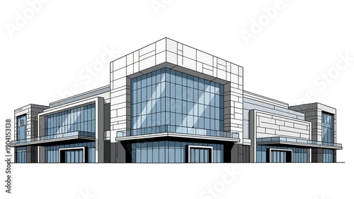 Modern commercial building exterior rendering with large glass facades