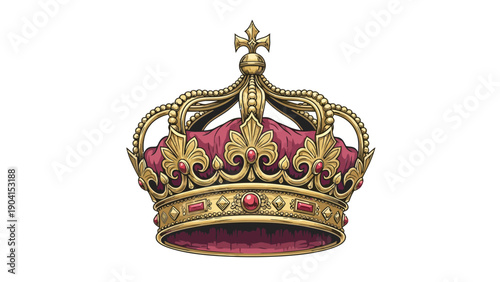 Ornate gold royal crown with red velvet lining and ruby jewels