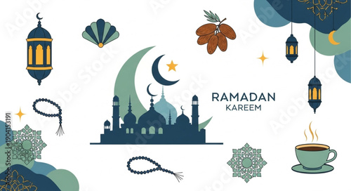 Ramadan Kareem Islamic elements and mosque illustration.