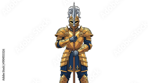 Pixel art of a knight in gold and blue armor holding a spear