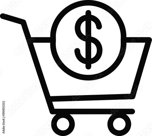 Shopping cart with dollar sign line art icon isolated on transparent background
