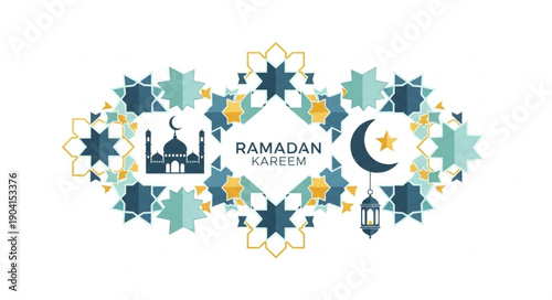 Ramadan Kareem Islamic celebration with mosque crescent moon and lantern.