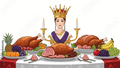 Queen with lavish holiday feast featuring roasted poultry and fruit