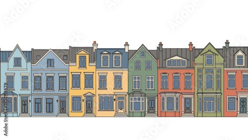 Row of colorful illustrated terraced houses against a white background