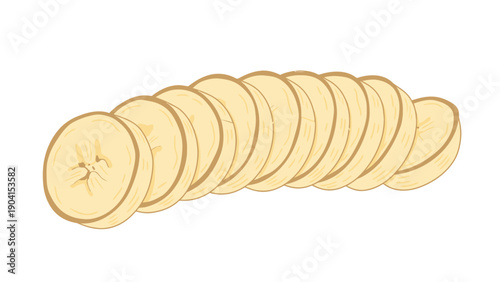 Row of light yellow banana slices against a white background