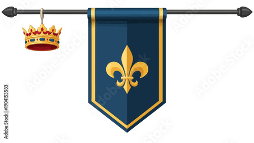 Royal banner with fleurdelis hanging next to a golden crown on a rod