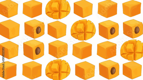 Rows of orange mango cubes and crosssectioned mango halves on white background