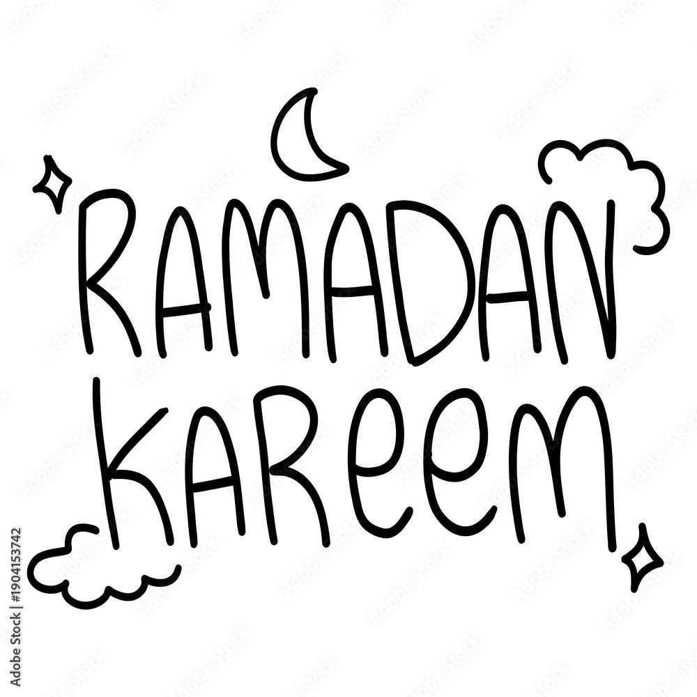 Fototapeta premium Ramadan kareem text word typography hand written moslem icon celebration with cloud moon stars sparks sparkle stroke outline