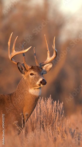 White-Tailed Deer Buck with Antlers in Golden Sagebrush at Sunset