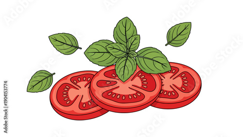 Slices of red tomato topped with green basil leaves on a white background