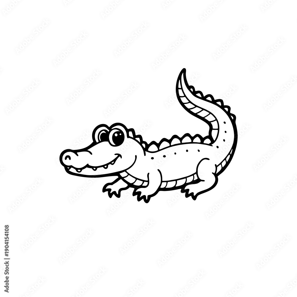 Fototapeta premium A simple black and white cartoon drawing of a smiling alligator with its tail curved upwards.