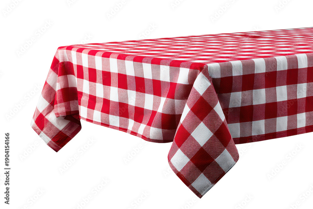 Fototapeta premium Red and white checkered tablecloth draped over a table edge isolated on black gingham, Isolated On White Background, Png Transparent