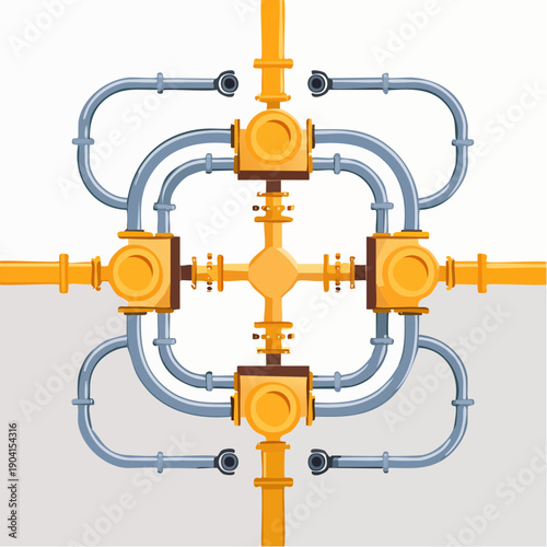 Complex pipe system with valves and connectors.