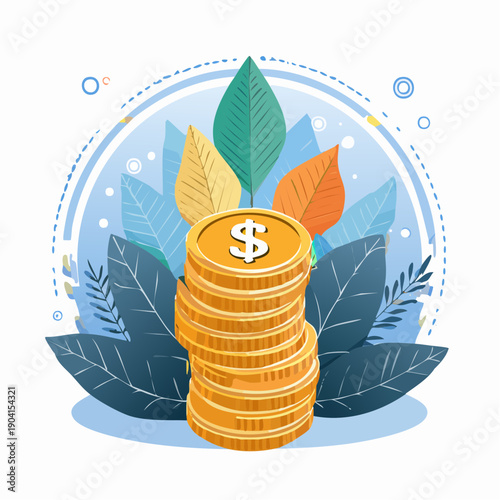 Stack of gold coins with growing leaves symbolizing financial growth and prosperity.