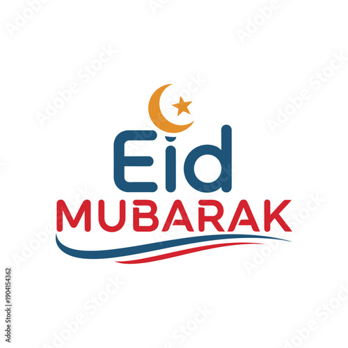 Eid Mubarak text in blue and red with wavy lines and moon star symbol