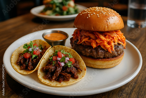 Gourmet Burger and Tacos on White Plate in Trendy Restaurant