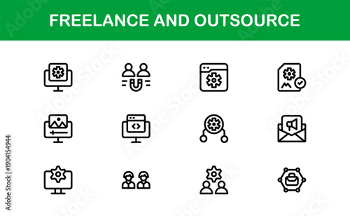 Freelance Outsource Line Icon Set – Modern Professional Vector Icons for Business, Remote Work, and Digital Services in Minimal Outline Style