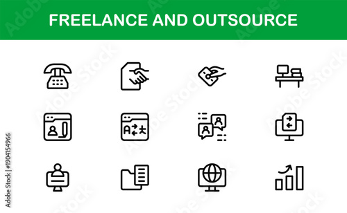 Freelance Outsource Line Icon Set – Modern Professional Vector Icons for Business, Remote Work, and Digital Services in Minimal Outline Style