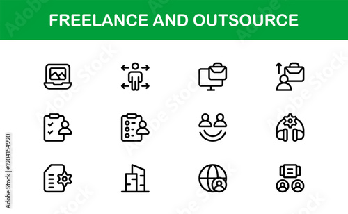 Freelance Outsource Line Icon Set – Modern Professional Vector Icons for Business, Remote Work, and Digital Services in Minimal Outline Style
