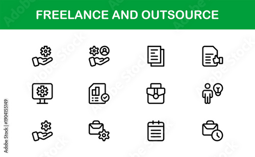 Freelance Outsource Line Icon Set – Modern Professional Vector Icons for Business, Remote Work, and Digital Services in Minimal Outline Style