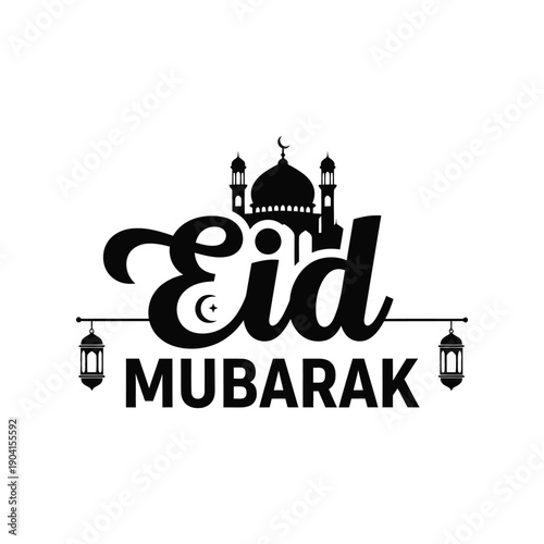 Monochrome Eid Mubarak design with mosque silhouette and hanging lanterns