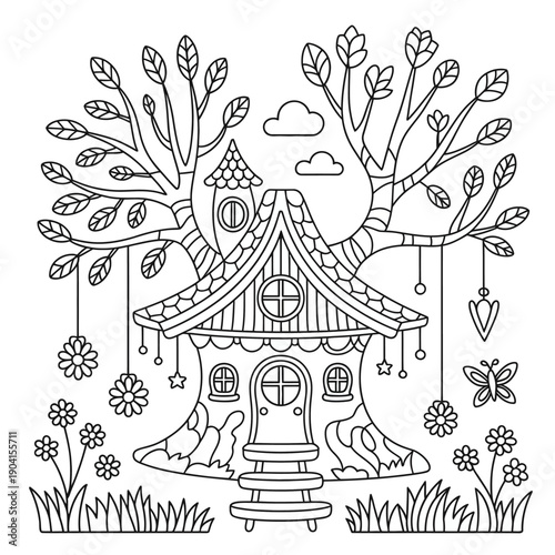 Whimsical treehouse with birdhouse and flowers in a magical forest setting