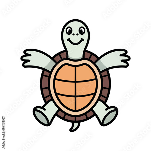 Smiling cartoon sea turtle with outstretched flippers sits happily isolated against a white background.
