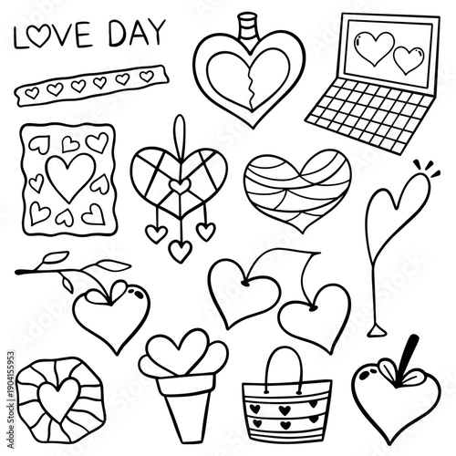 Heart love for Valentine's Day. Valentines Day elements doodle bundle.