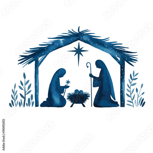 Serene nativity scene with Mary, Joseph, and baby Jesus in a manger
