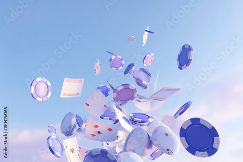 poker chips and cards flying in the air, blue background, purple shades