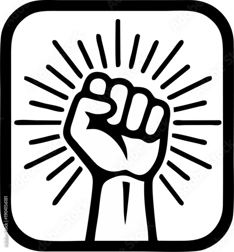 Minimalist Raised Fist Icon in Rounded Square with Radiating Lines — Black and White Symbol of Strength, Unity, Protest and Activism