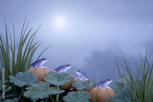 a group of giant frogs in the moonlight, perched atop pumpkins, with a misty, foggy background