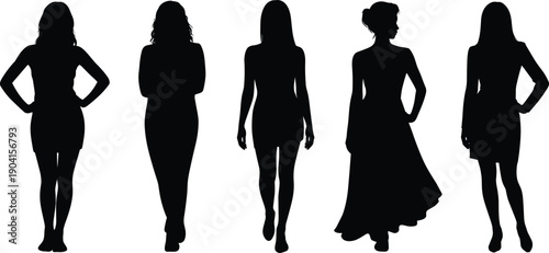 Female fashion silhouette figures set standing walking poses isolated on white background elegant women vector design