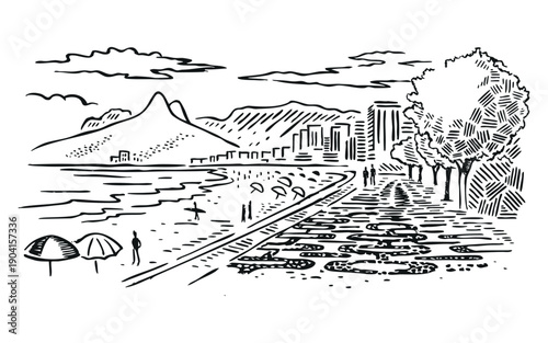 Hand-drawn illustration of a coastal landscape in the city of Rio de Janeiro, Brazil.