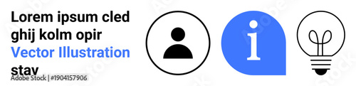 Business communication, creative thinking, user guidance, data access, innovation, online services. Minimalist icons a user avatar, information bubble and light bulb. Business communication