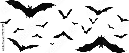 Black silhouettes of flying bats flock, scary vampire bat set isolated on white background, vector illustration for Halloween party design and spooky decor,