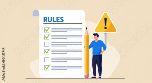 Businessman standing next to a large checklist with rules and a warning sign indicating importance of following regulations and compliance in workplace safety and management