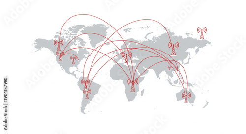 A global network of communication towers connected by red lines across a world map, illustrating worldwide connectivity.