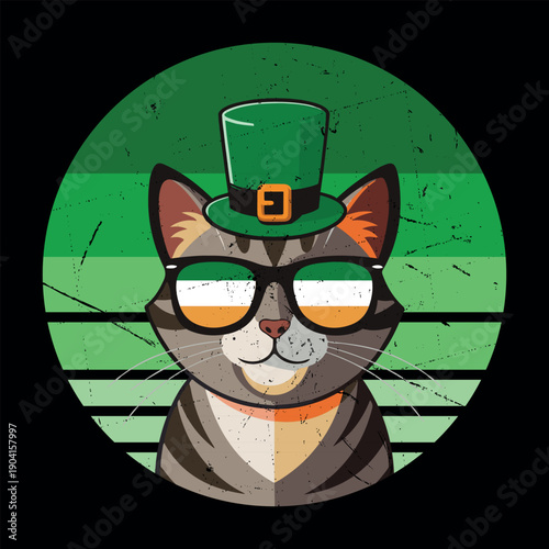 T-shirt design cartoon cat wearing a green hat and sunglasses with an Irish flag design on a green striped background