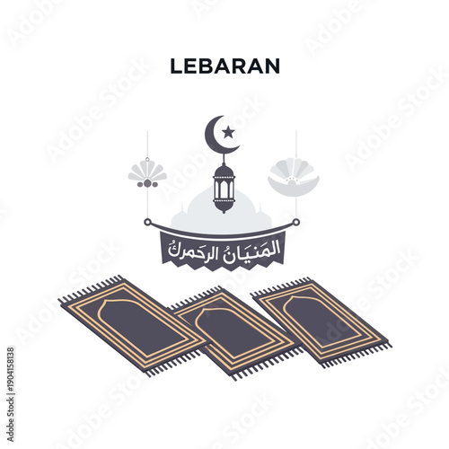 Illustration of Lebaran celebration with prayer mats, mosque elements, crescent moon, and Arabic banner.