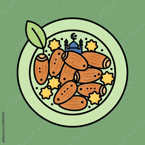 A cartoon illustration of dates on a plate with a mosque and stars, symbolizing Ramadan or Iftar.