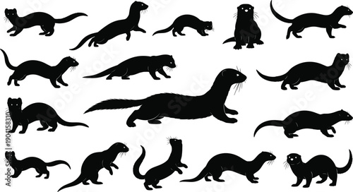 Black silhouettes of marten, weasel, mink, and ferret set in various poses, isolated vector illustration for wildlife nature and forest animal design,